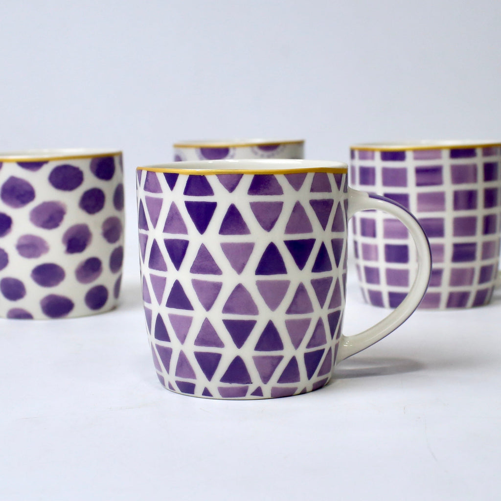 Set Of 4 Purple Pattern Ceramic Mugs – Bold Geometric & Dot Designs | Imperial Nest