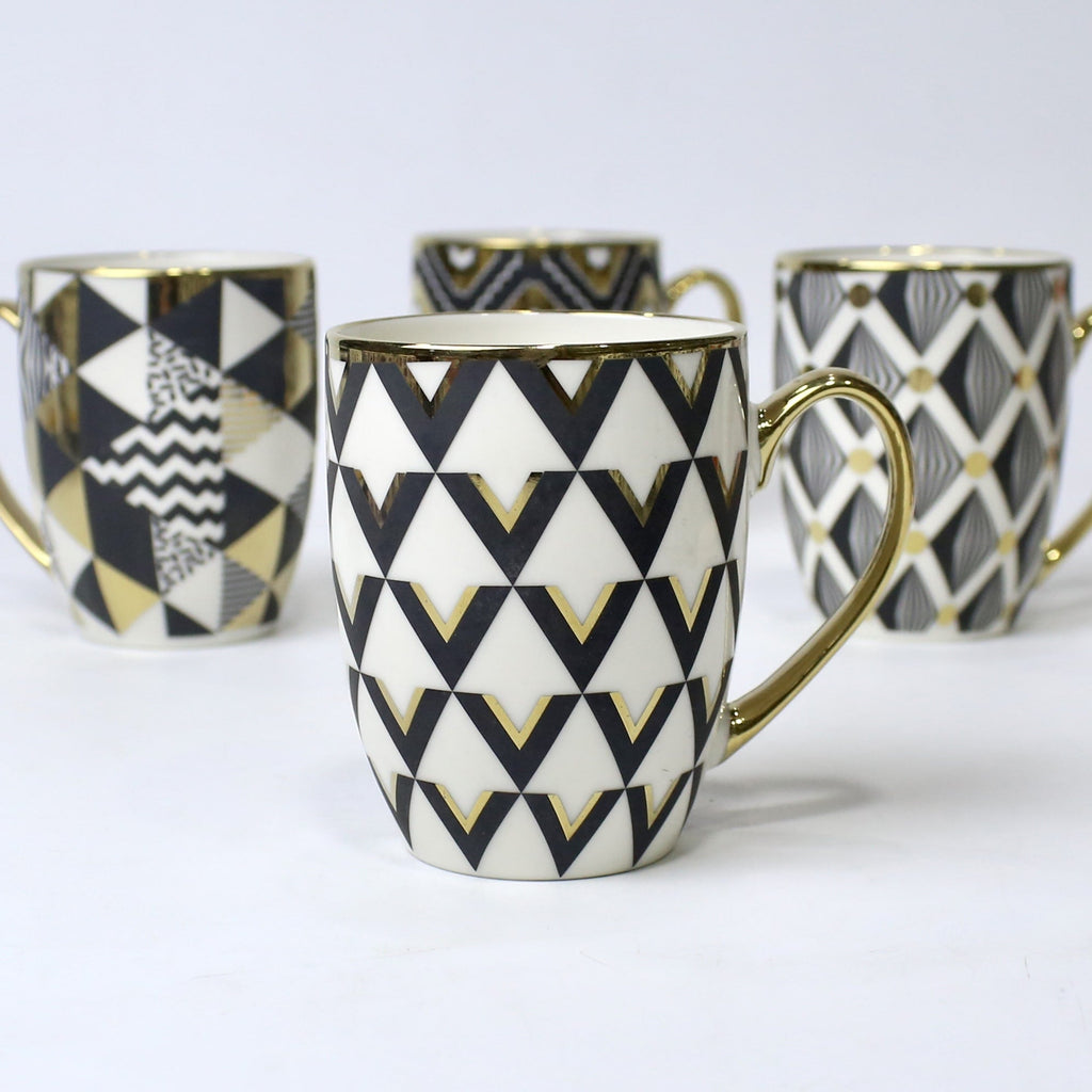 Set of 4 Geometric Bloom Gold Ceramic Mugs – Gold Accent Design | Imperial Nest