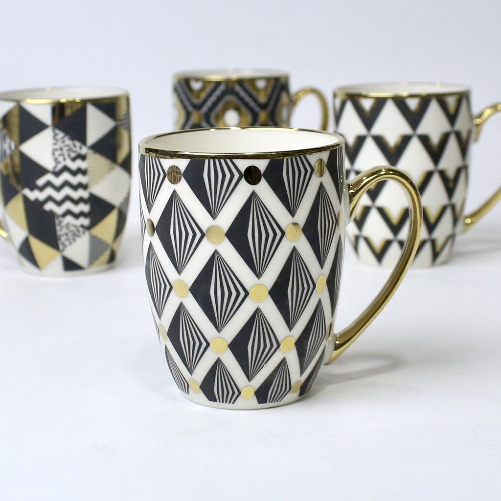 Set of 4 Geometric Bloom Gold Ceramic Mugs – Gold Accent Design | Imperial Nest
