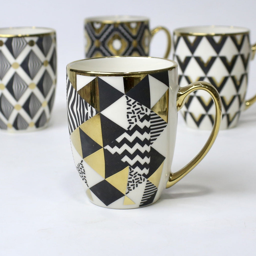 Set of 4 Geometric Bloom Gold Ceramic Mugs – Gold Accent Design | Imperial Nest