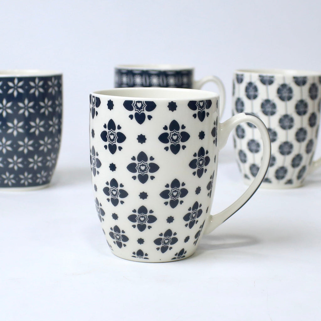 Set of 4 Midnight Mandala Ceramic Printed Mug – 350ml | Individual Designs | Elegant Modern Look