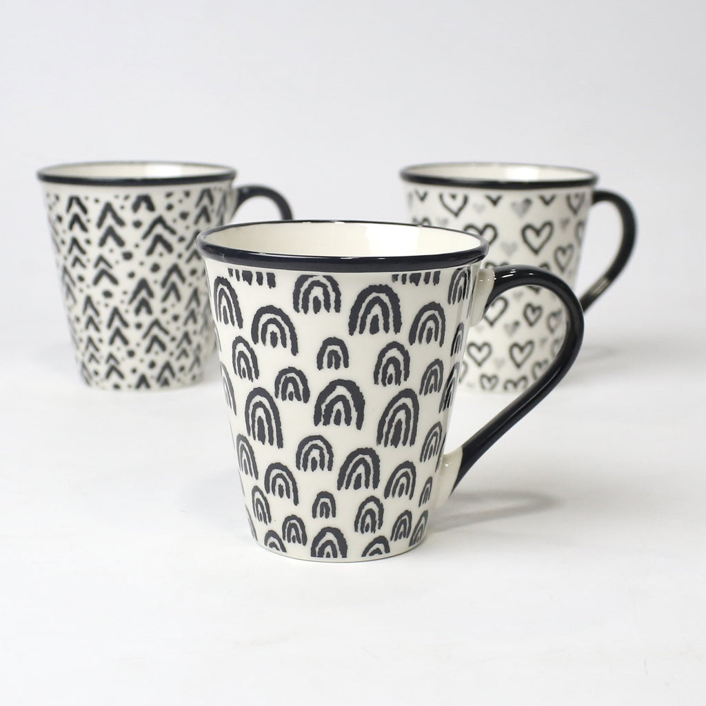 Set of 3 Black & White Ceramic Mugs – Heart & Pattern Designs | Imperial Nest