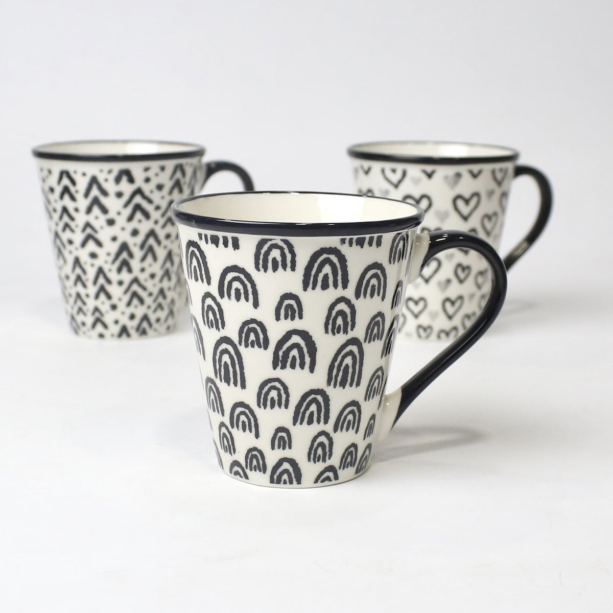 Set of 3 Black & White Ceramic Mugs – Heart & Pattern Designs | Imperial Nest