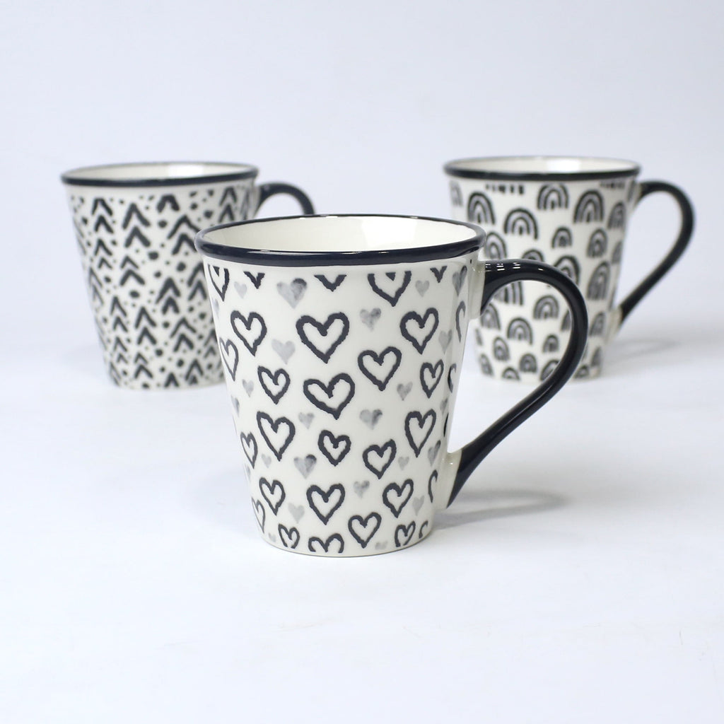 Set of 3 Black & White Ceramic Mugs – Heart & Pattern Designs | Imperial Nest