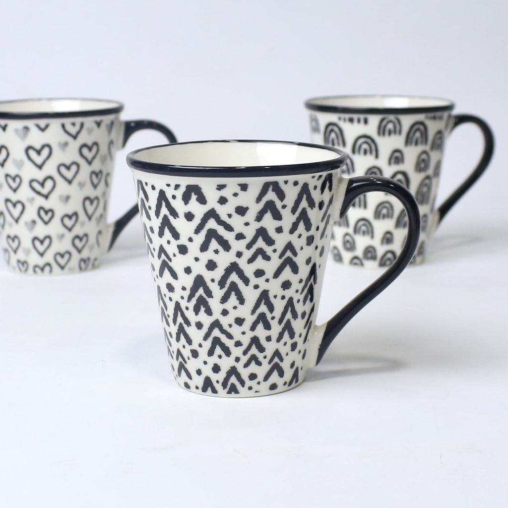 Set of 3 Black & White Ceramic Mugs – Heart & Pattern Designs | Imperial Nest