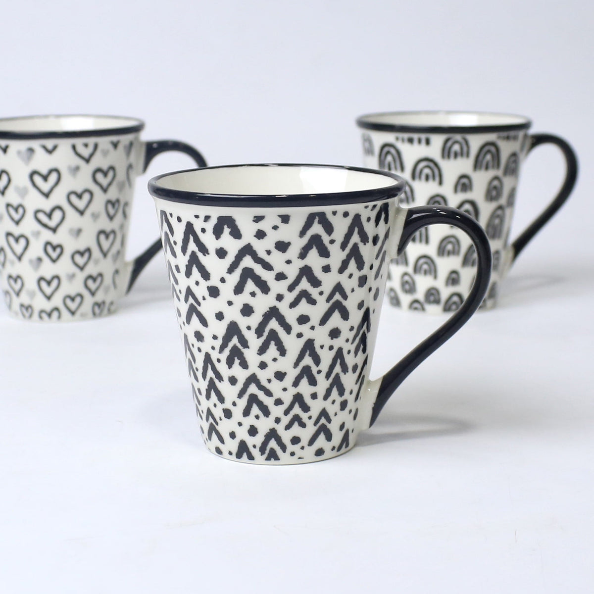 Set of 3 Black & White Ceramic Mugs – Heart & Pattern Designs | Imperial Nest