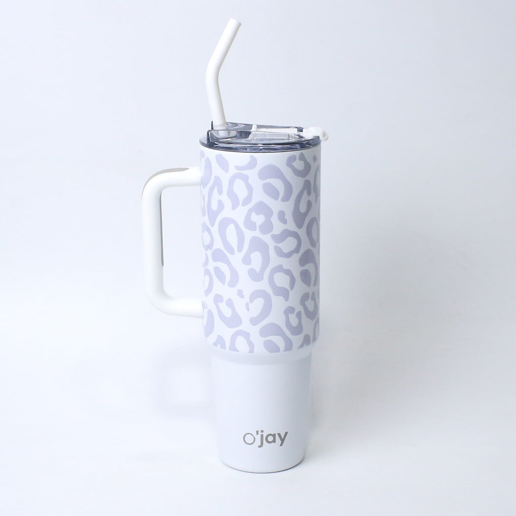 O’jay Arctic Leopard Tumbler – 40oz & 50oz | Stylish Stainless Steel, Leak-Proof, White & Grey Print