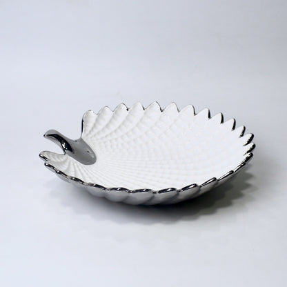 13" Ceramic Leaf Bowl with Handle – Gold & Silver Finish | Elegant Serveware