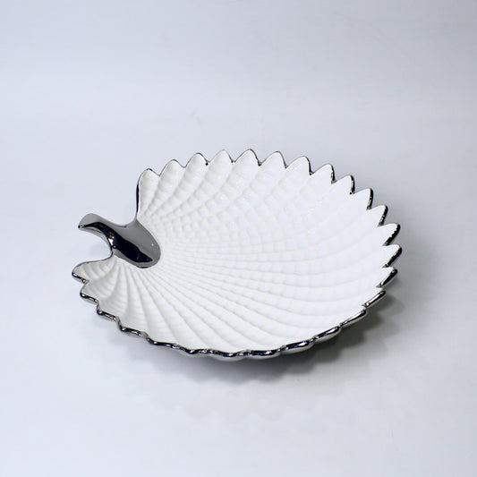 13" Ceramic Leaf Bowl with Handle – Gold & Silver Finish | Elegant Serveware