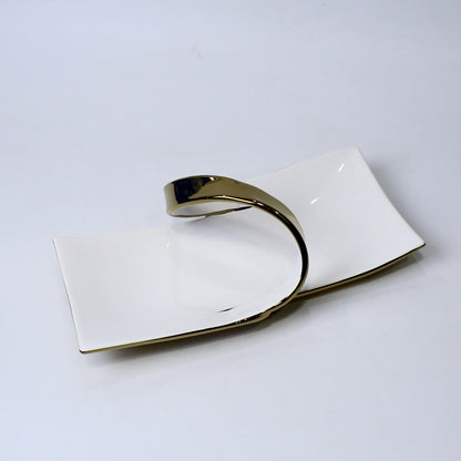 Modern 13.25-Inch Ceramic Snack Plate with Sculptural Handle – Silver & Gold | Imperial Nest