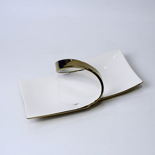 Modern 13.25-Inch Ceramic Snack Plate with Sculptural Handle – Silver & Gold | Imperial Nest