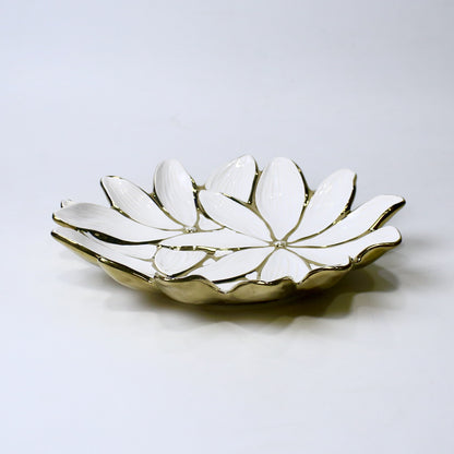 Petal Design Ceramic Bowl – 13.25" Decorative Fruit or Snack Dish | Gold & Silver Finish