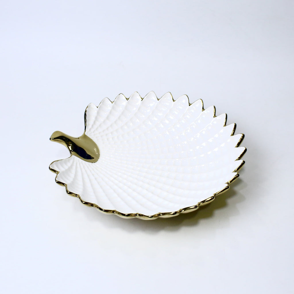 13" Ceramic Leaf Bowl with Handle – Gold & Silver Finish | Elegant Serveware