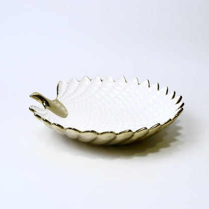 13" Ceramic Leaf Bowl with Handle – Gold & Silver Finish | Elegant Serveware