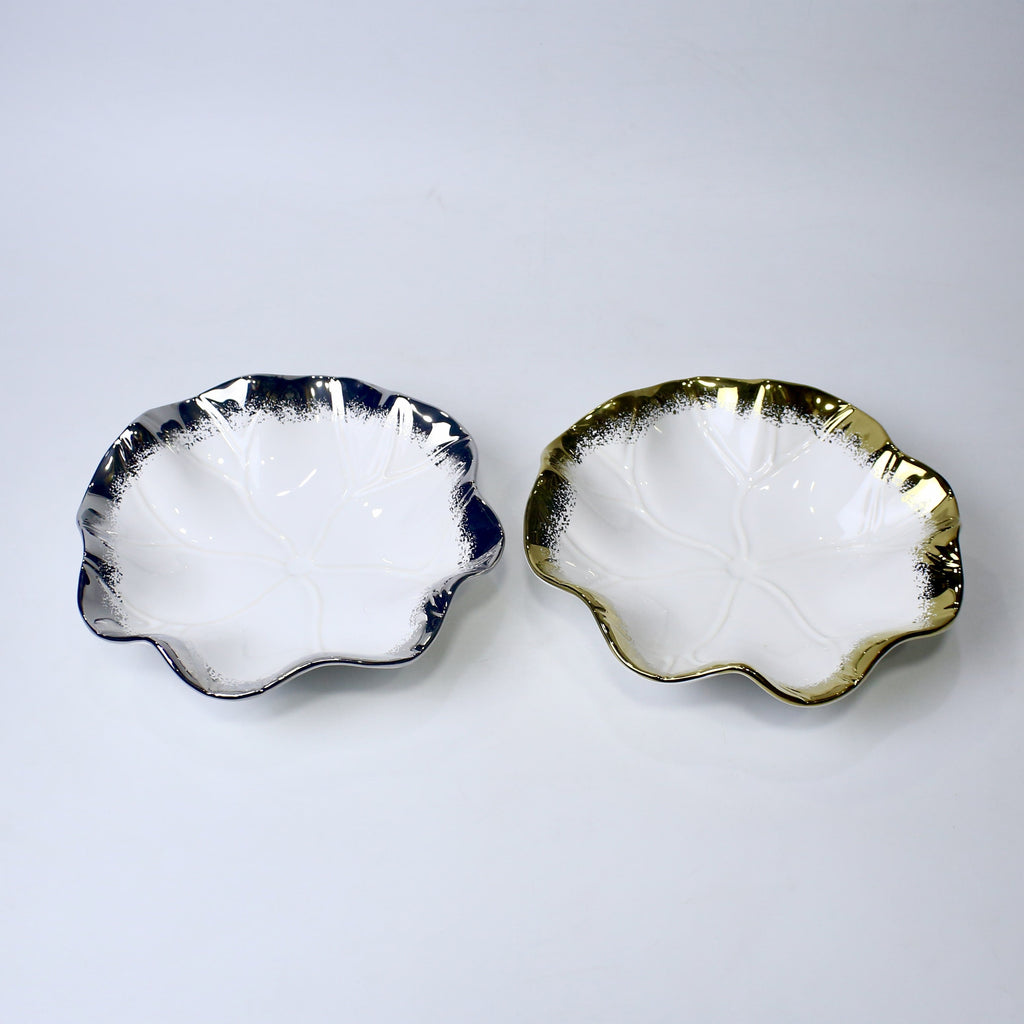 Lotus Leaf Ceramic Bowl – 10.5" Serving Dish in Gold & Silver | Imperial Nest