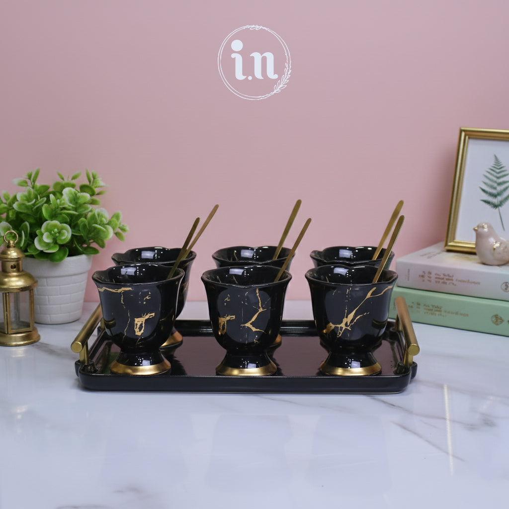 Premium Black & Gold Dessert Serving Set with Tray
