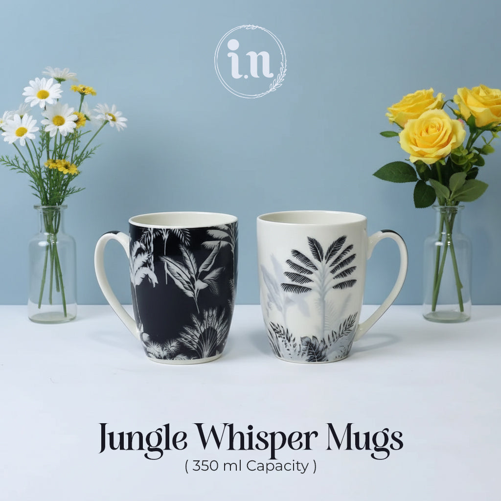 Set of 2 Jungle Whisper Ceramic Mugs – Black & White Jungle Print | Imperial Nest