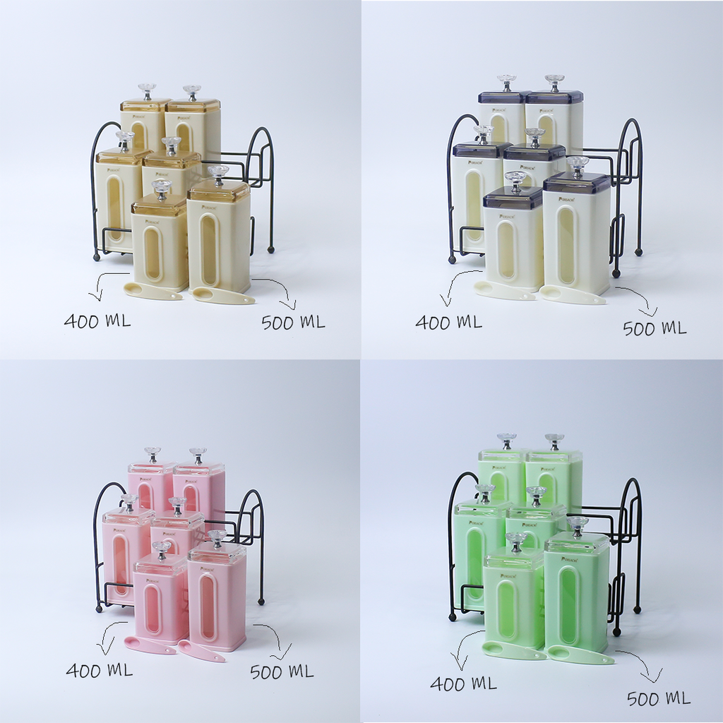 Spice Jar Set | Spice Organizer With Stand | 3 Pcs (400ml each) & 3 Pcs (500ml each) Airtight Jars with Stand