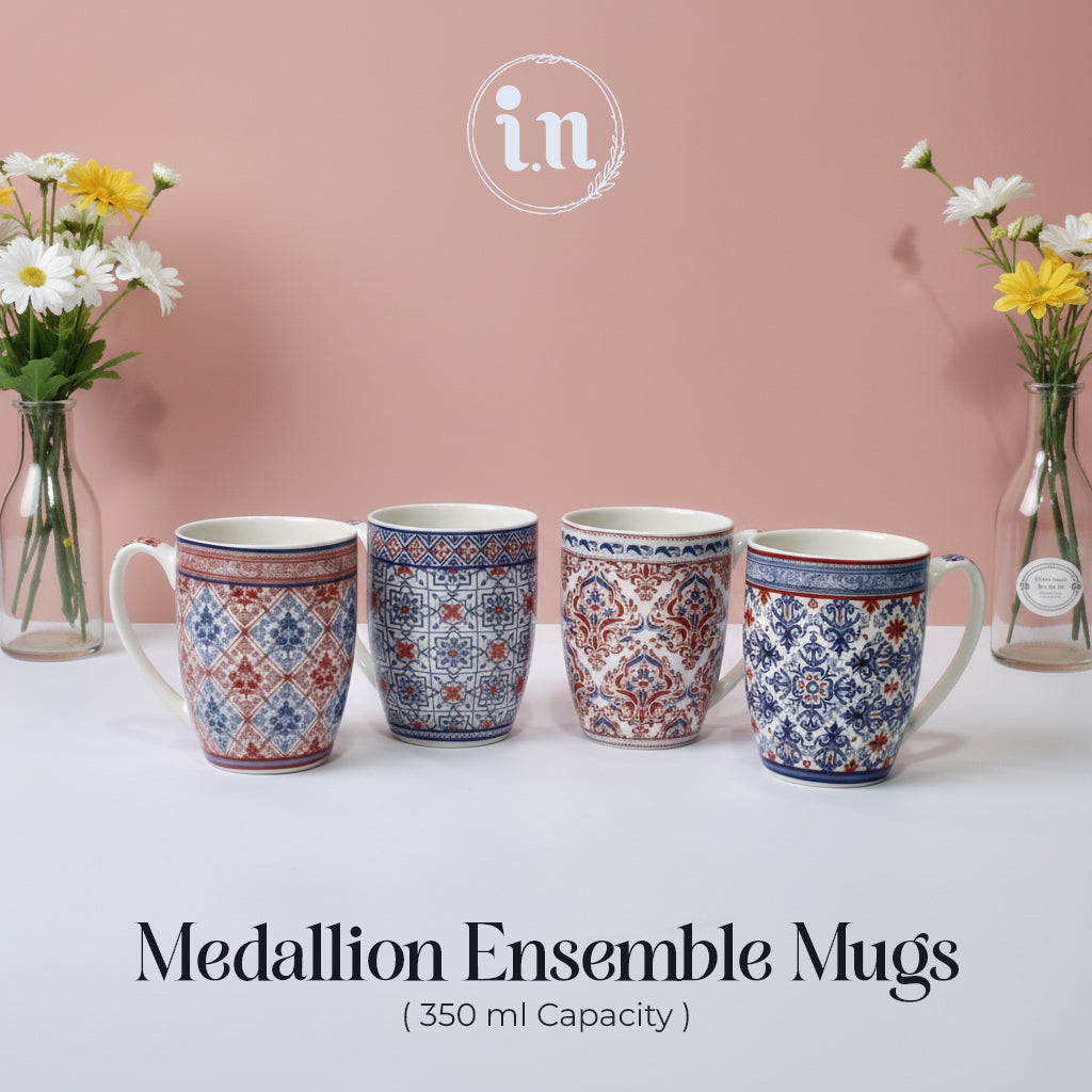 Set of 4 Vintage Pattern Ceramic Mugs – Ethnic Print | Imperial Nest