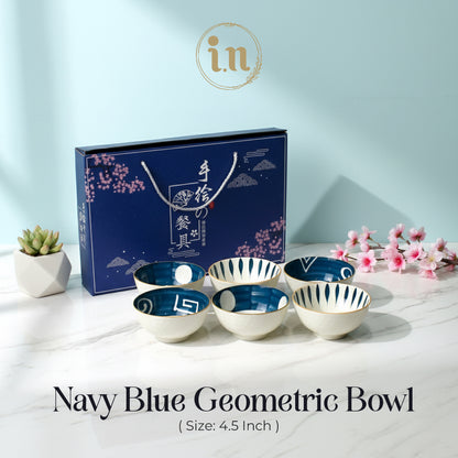 6PCS Ceramic Navy Blue Geometric Serving Bowls with Gift Box Packaging