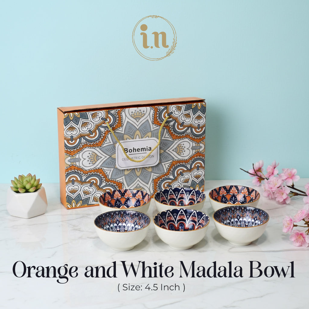 6PCS Orange and White Mandala-Inspired Ceramic Bowl Set with Gift Box Packaging