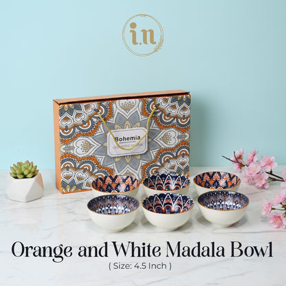 6PCS Orange and White Mandala-Inspired Ceramic Bowl Set with Gift Box Packaging