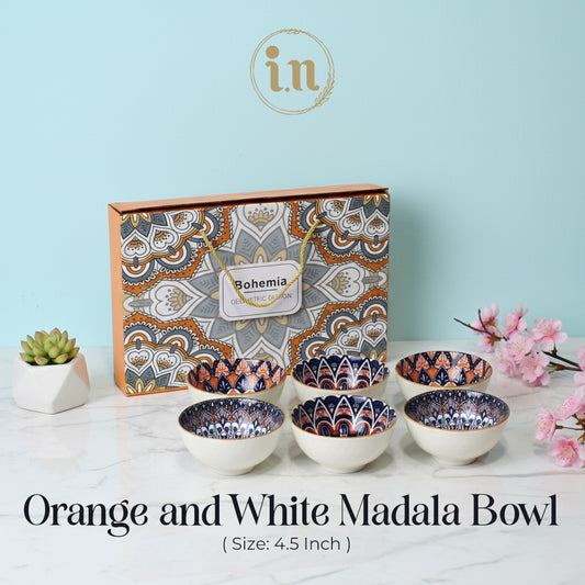6PCS Orange and White Mandala-Inspired Ceramic Bowl Set with Gift Box Packaging