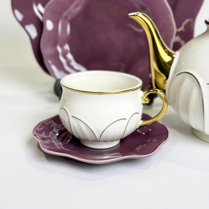 Premium Bone China 24-Piece Tea Set with Gold Detailing – Elegant Plum & White Finish