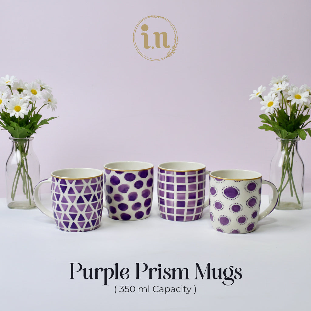 Set Of 4 Purple Pattern Ceramic Mugs – Bold Geometric & Dot Designs | Imperial Nest