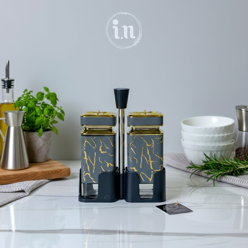 Elegant Glass Salt & Pepper Shaker Set – Grey, Black & White