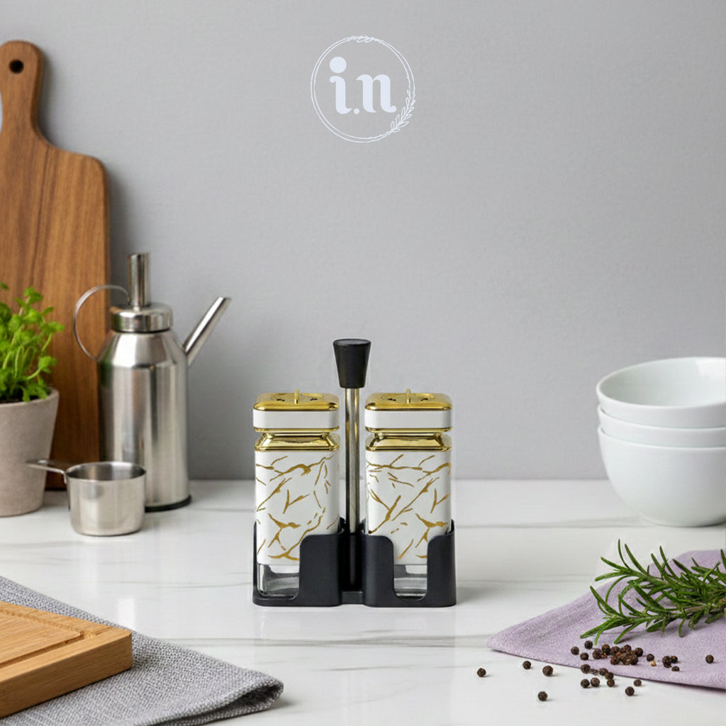 Elegant Glass Salt & Pepper Shaker Set – Grey, Black & White
