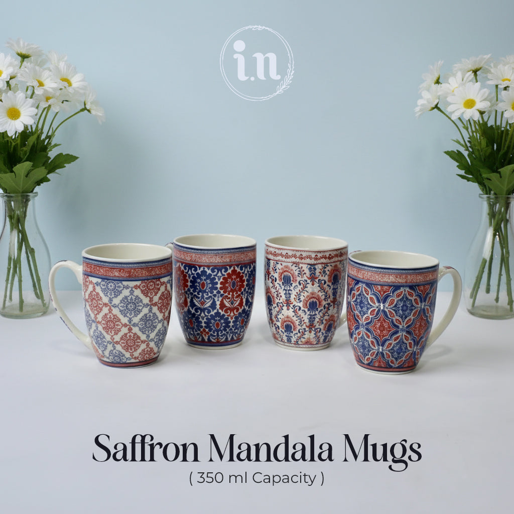 Set of 4 Saffron Mandala Ceramic Mug Collection – Red & Blue Traditional Prints | Imperial Nest