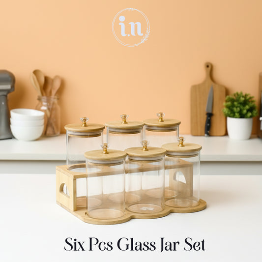 6PCS Airtight Glass Jar Set with Wooden Stand