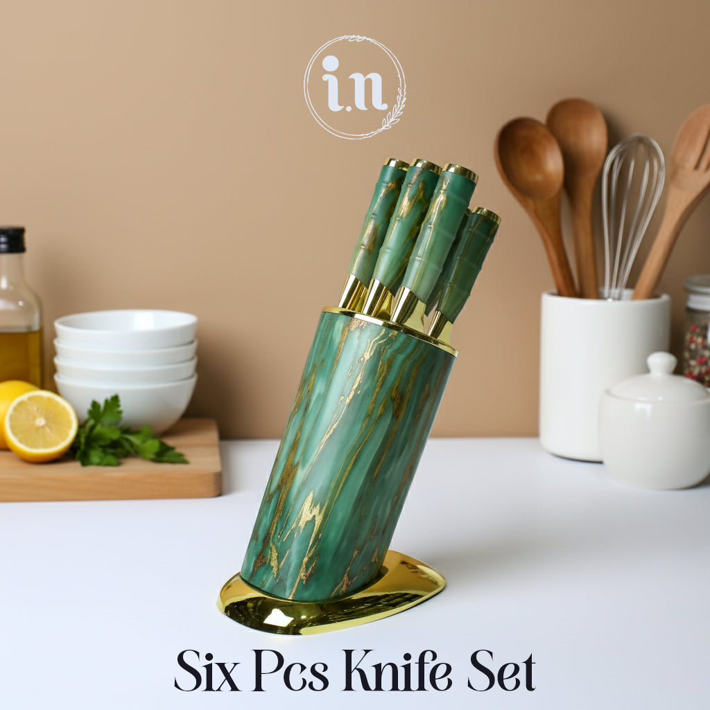 6-Piece Marble Kitchen Knife Set with Gold Angled Display Block