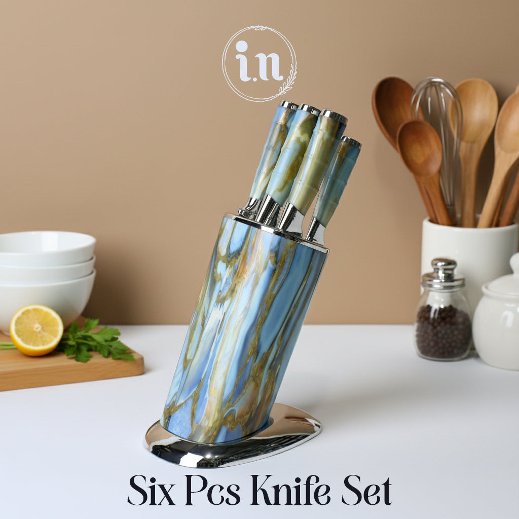 6-Piece Marble Kitchen Knife Set with Gold Angled Display Block