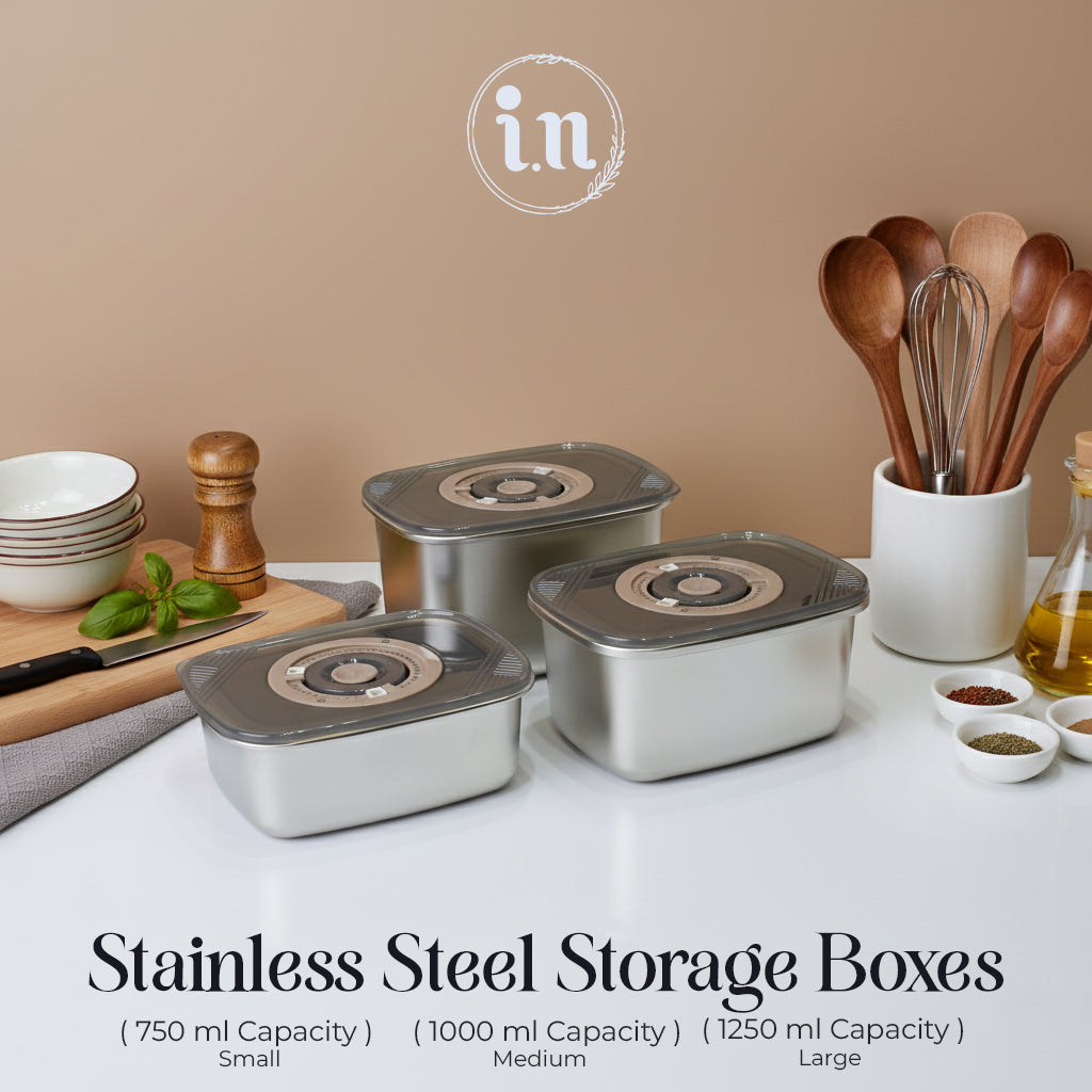 Silver Stainless Steel 304 Airtight Storage Containers (750ML, 1000ML, 1250ML)