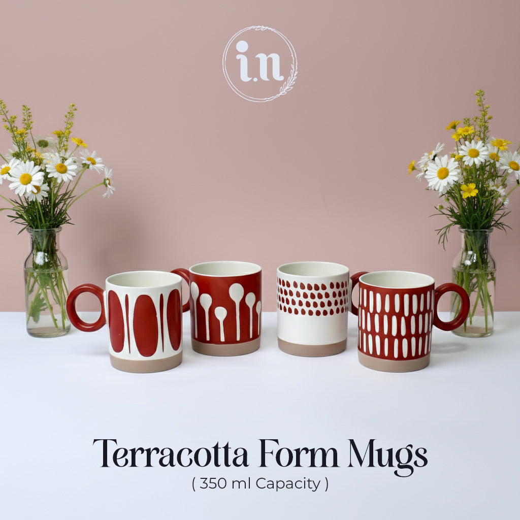 Set of 4 Red & White Geometric Ceramic Mugs – Modern Designer Cups | Imperial Nest