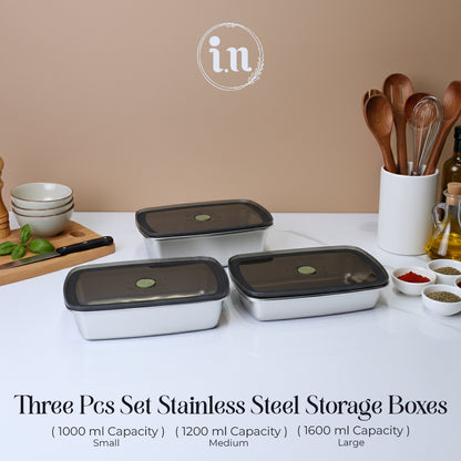 3-Piece Stainless Steel 304 Airtight Storage Boxes (1000ML, 1200ML, 1600ML)