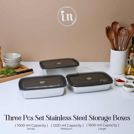 3-Piece Stainless Steel 304 Airtight Storage Boxes (1000ML, 1200ML, 1600ML)