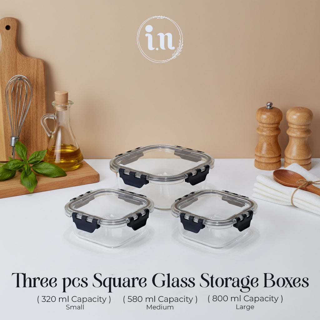 3pcs Square Glass Food Storage Containers – 320ml, 580ml, 800ml | Leak-Proof, BPA-Free