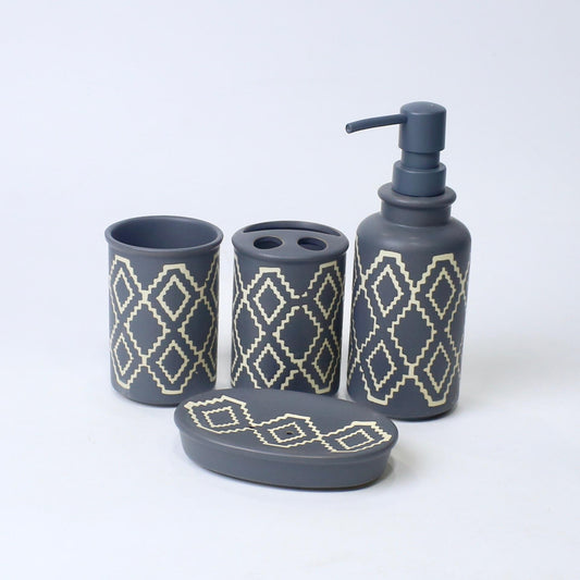 4-Piece Ceramic Bathroom Accessory Set – Grey Geometric Design