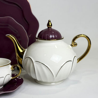 Premium Bone China 24-Piece Tea Set with Gold Detailing – Elegant Plum & White Finish