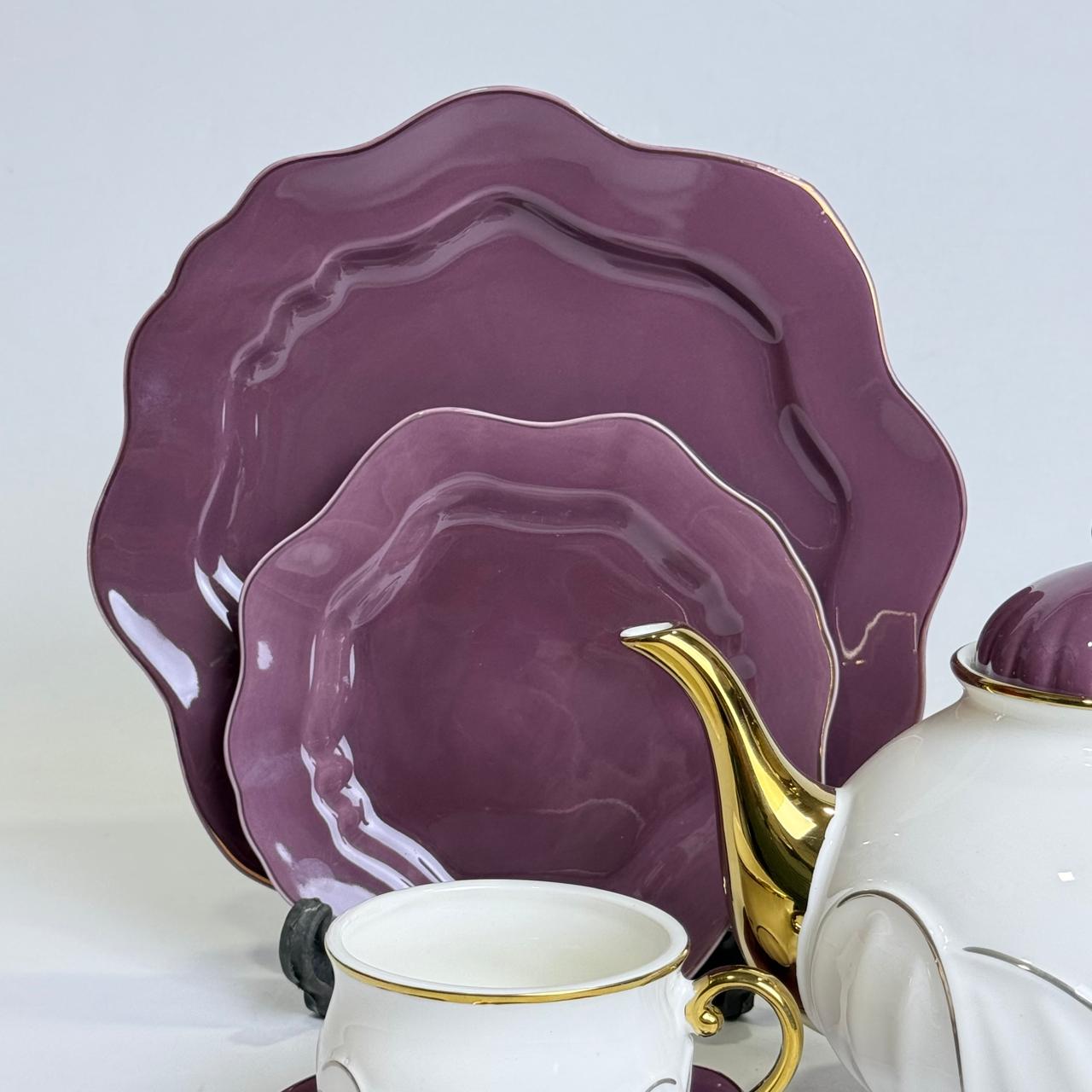 Premium Bone China 24-Piece Tea Set with Gold Detailing – Elegant Plum & White Finish