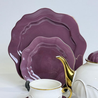 Premium Bone China 24-Piece Tea Set with Gold Detailing – Elegant Plum & White Finish