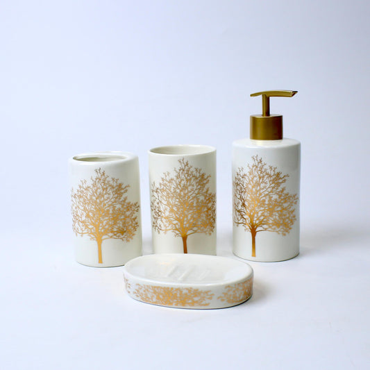 4-Piece Ceramic Bathroom Set with Golden Tree Design