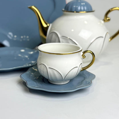 24-Piece Bone China Tea Set – White & Blue with Gold Accents