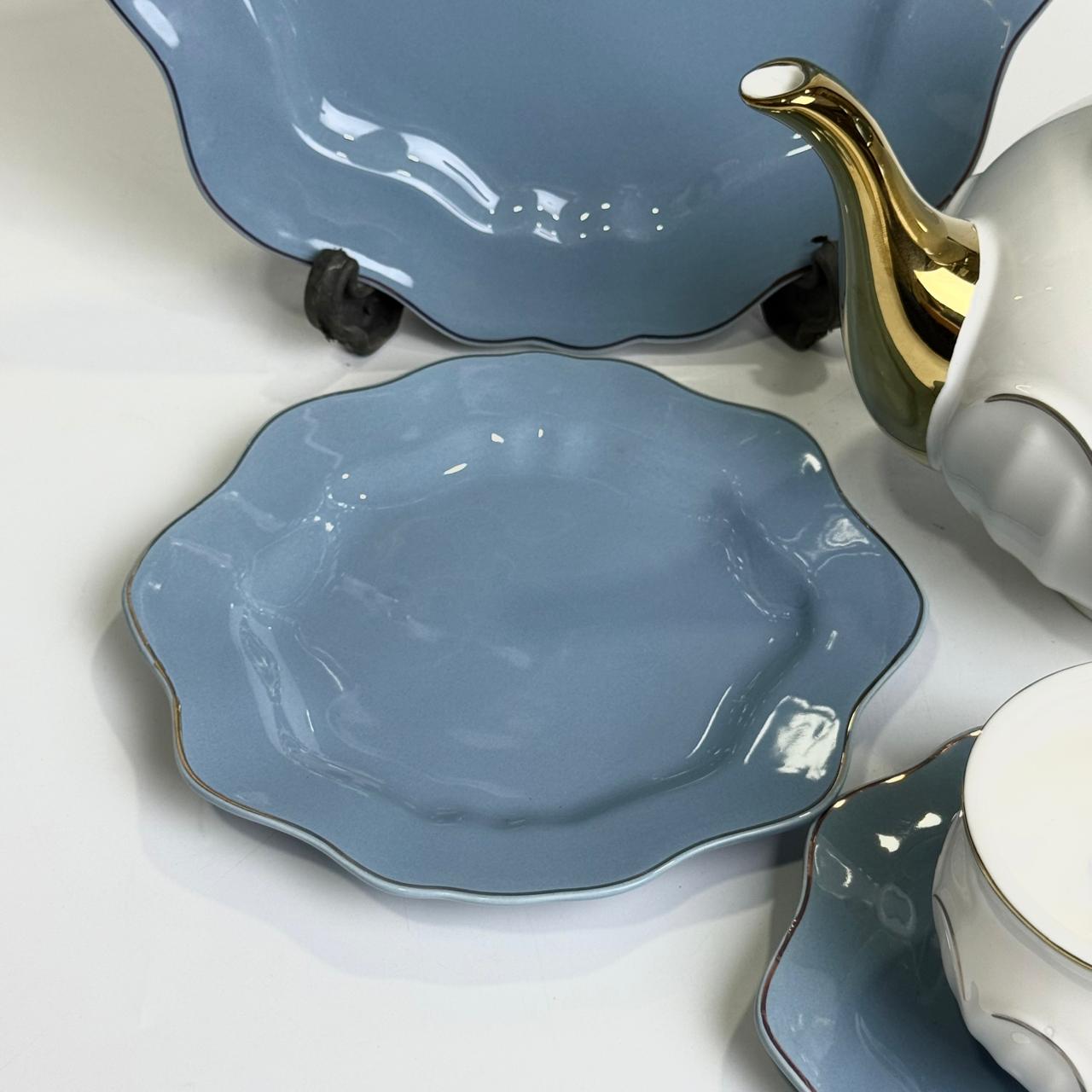 24-Piece Bone China Tea Set – White & Blue with Gold Accents