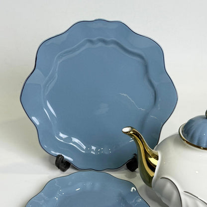 24-Piece Bone China Tea Set – White & Blue with Gold Accents