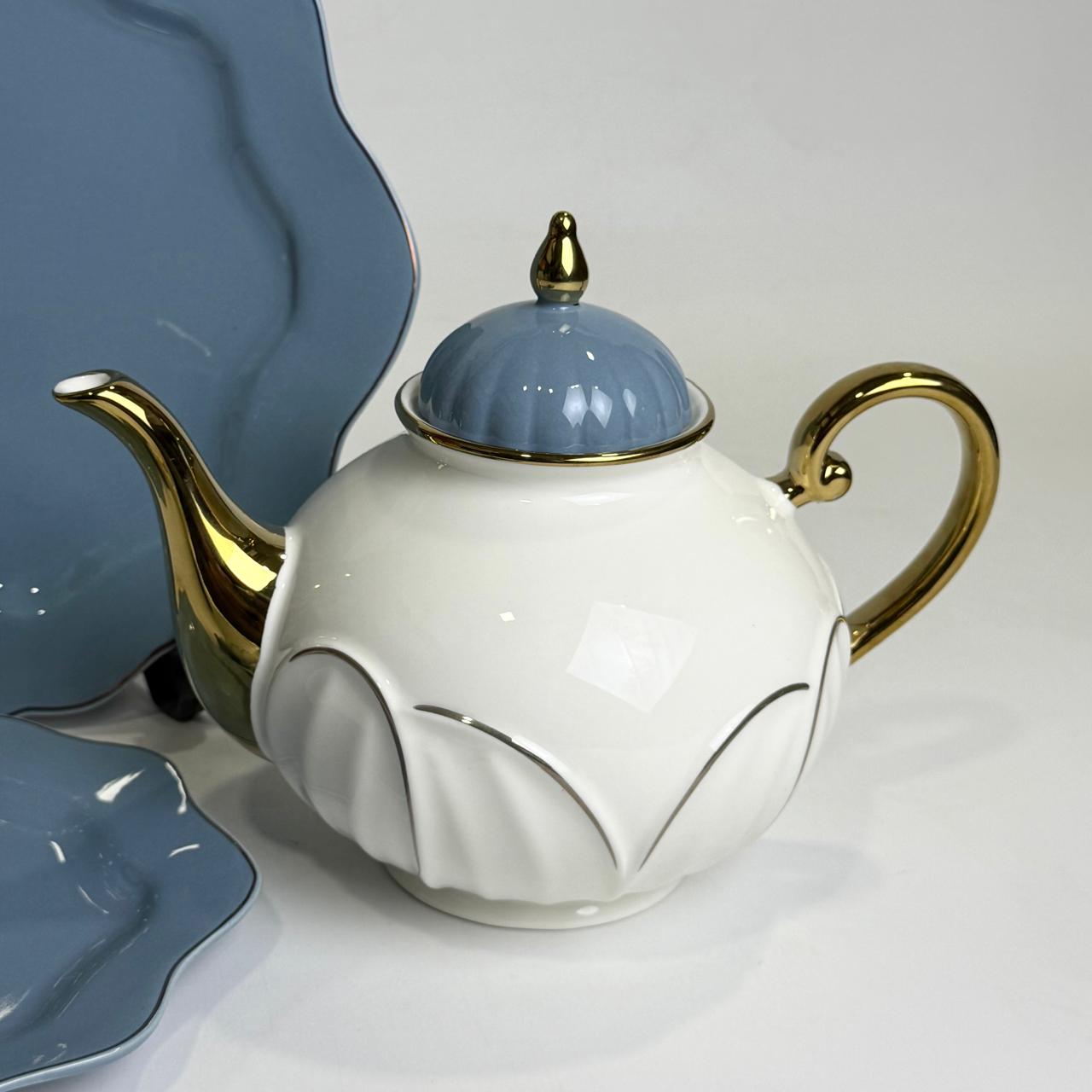 24-Piece Bone China Tea Set – White & Blue with Gold Accents