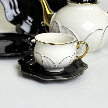 Classic 24PCS Tea Set – Black & White Bone China with Gold Rim Finish